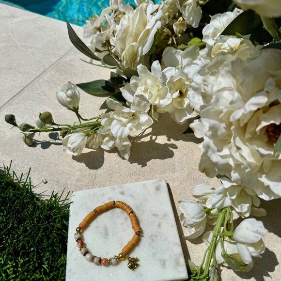 Red vein jasper, clay beads stretch boho bracelet, rubber discs beads jewelry, - Picture 8 of 8